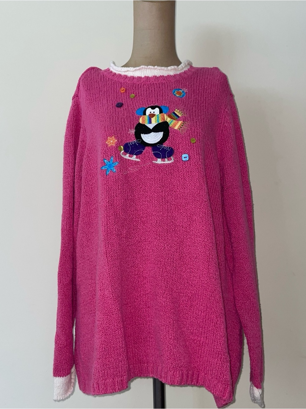 CJ Banks Bright Fuchsia Crewneck Sweater with Penguin Embroidery